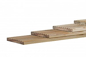 W06515 Grenen geprofileerd dekdeel / vlonderplank, 1 zijde grof profiel, 1 zijde glad, 28x145x4000 mm, groen geïmpregneerd**